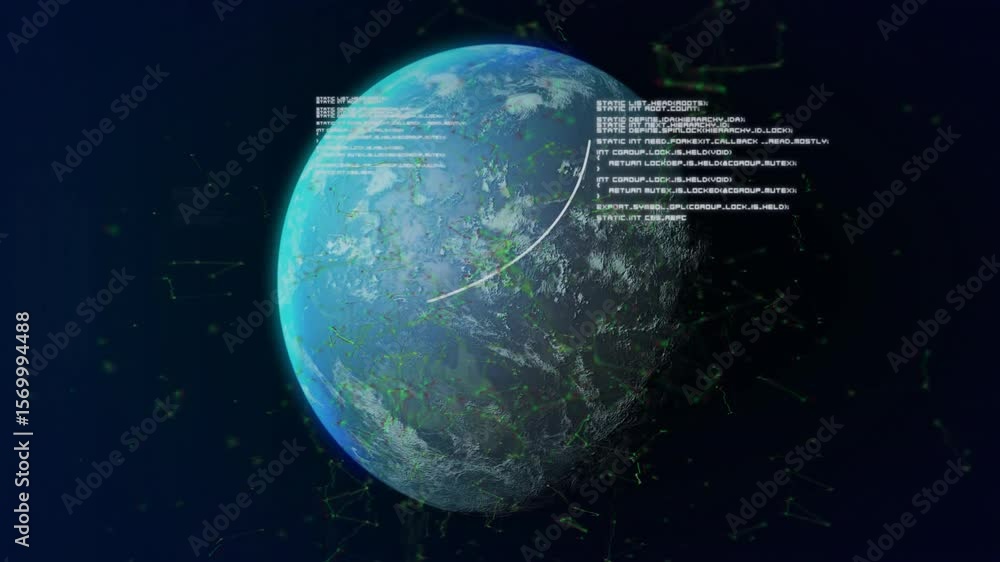 Aufkleber on start earthlike planet floating, forming code blocks, drawing trajectory path visualizing data
