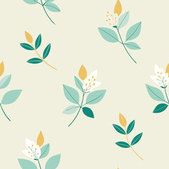 Delightful seamless minimal floral pattern with soft colored green and yellow leaf prints on a beige background