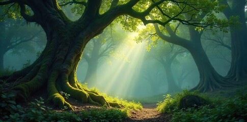 Mystical Forest Ancient Moss-Covered Trees Reach for Ethereal Sunlight