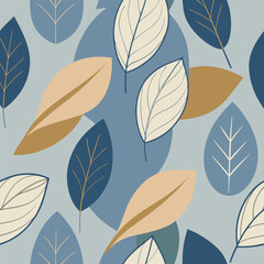 Obraz premium Elegant minimal floral pattern with artistic leaf prints featuring various tones of blue and beige colors seamless design
