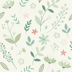 Seamless minimal floral pattern displaying a delicate arrangement of leaf prints and assorted flowers over neutral cream background