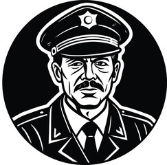 Vigilant Guardian: A strong, stylized portrayal of a resolute figure of authority, with a stern expression, and a distinguished cap, representing duty, protection, and service.