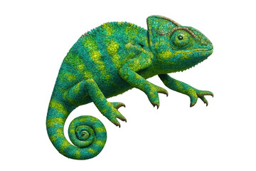 Naklejka premium Vibrant green chameleon with yellow stripes, isolated on a transparent background.