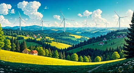 landscape with green field and mountains, renewable energy