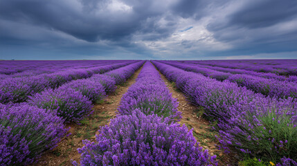 Obraz premium Lavender field under cloudy sky
