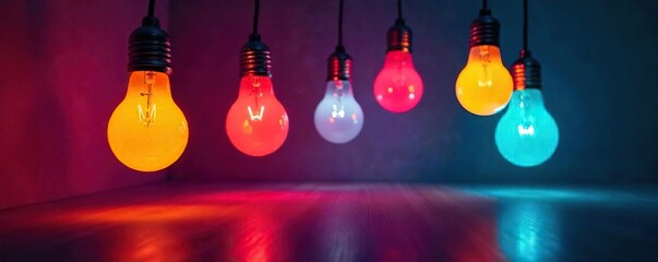 Vibrant Light Bulbs Illuminate Dark Room, Casting Energetic Shadows Perfect for Innovation and Creativity Concepts