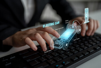 Structure of electric car showing battery system, traction motor, control units, and charging...