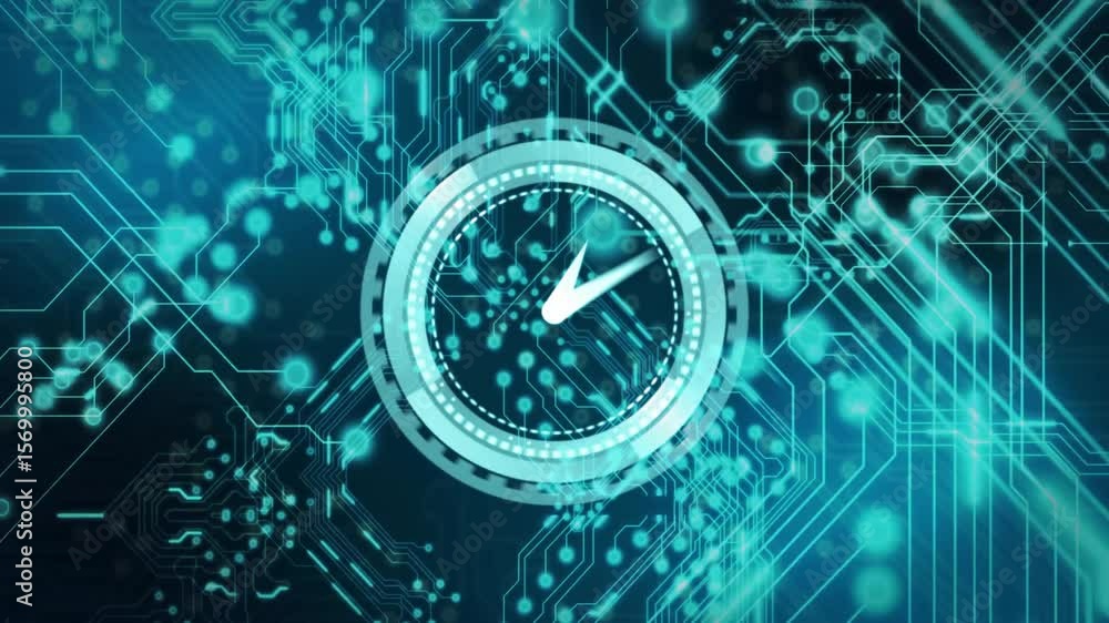 Poster stylized circular clock interface fading in triggers hand sweeping clockwise marking elapsed time