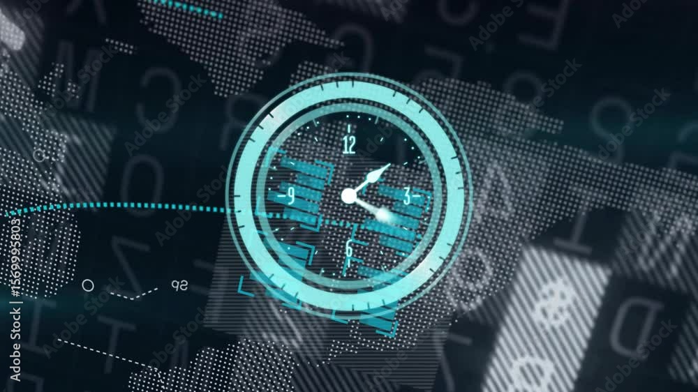 Poster on world map appearing, turquoise clock drawing ring and rotating hands visualizing data flow