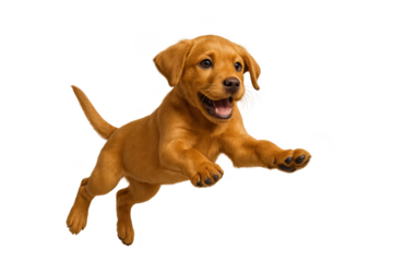 Adorable Golden Labrador puppy mid-air, isolated on transparent background
