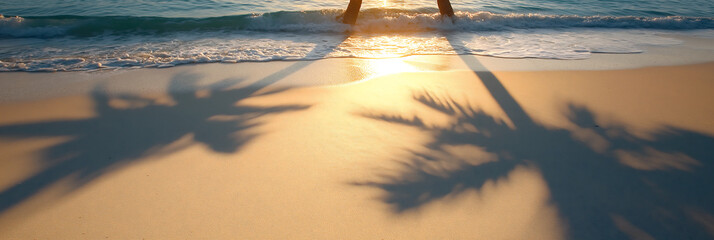 palm trees shadows on smooth beach sand summer background beach in golden hour