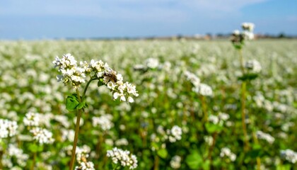 Fototapeta premium Blooming Buckwheat Flowers in Bright Field Under Clear Blue Sky