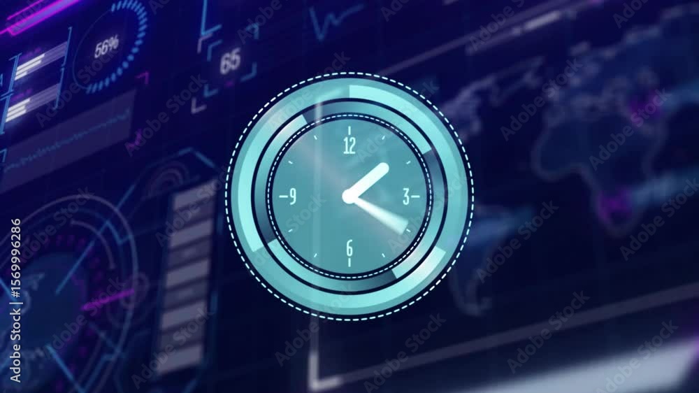 Poster clock overlay fading in with rotating hand pulsing rings updating gauge over network map
