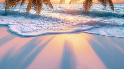 palm trees shadows on smooth beach sand summer background beach in golden hour