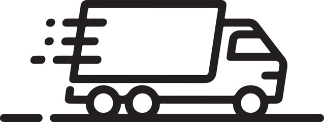 Black and white illustration of a fast moving delivery truck speeding along a road indicated by a simple black line at the bottom the truck is