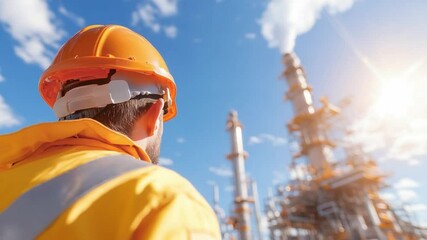 Focused Vigilance: A construction worker, donning a bright orange helmet and safety vest, oversees an industrial complex, highlighting the significance of industry in the modern era.