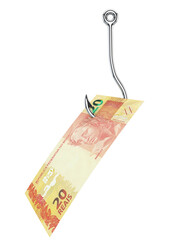 R$20 Brazilian Money Hooked on a Fishing Hook – Conceptual Image of a Financial Trap