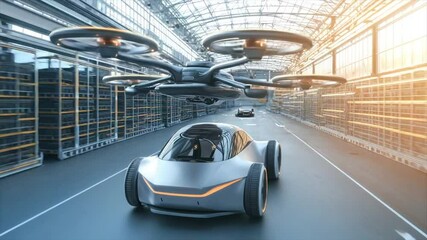 Autonomous car and drone in futuristic warehouse - Powered by Adobe