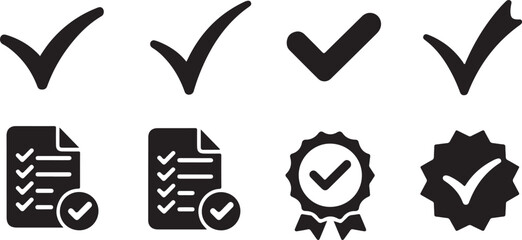Black Checkmark Icon Set Vector Glyph Illustrations Approval Symbols Checklist Document Badge Award Graphic Design Elements