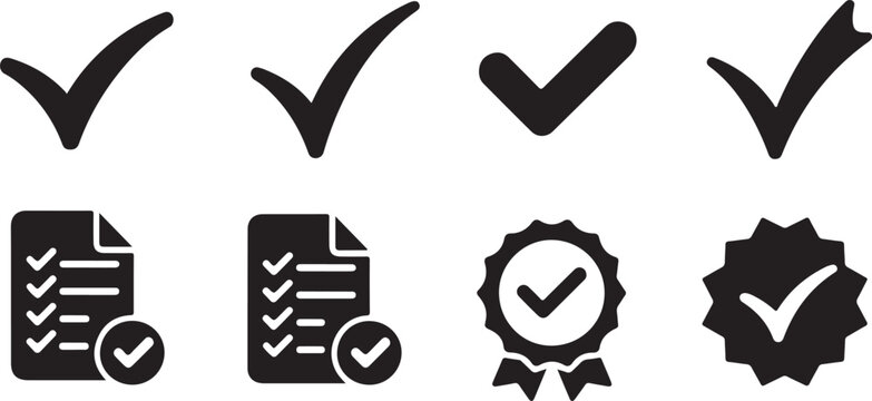 Black Checkmark Icon Set Vector Glyph Illustrations Approval Symbols Checklist Document Badge Award Graphic Design Elements - Powered by Adobe