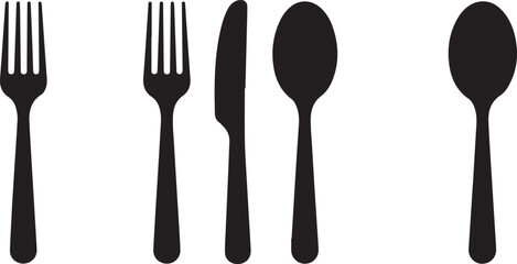 Black Silhouette Vector Icons Set of Two Forks Knife and Two Spoons Isolated on White Background Simple Flat Design Cutlery Illustration
