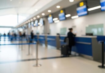 Airport Travel Checkpoint Atmosphere. Soft focus view captures the dynamic energy of a busy airport terminal. Figures with luggage suggest impending journeys and global connections.
