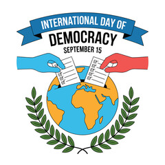 International Day of Democracy Graphic with Earth Globe, Ballot Box, Voting Hands