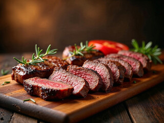 Grilled medium rare meat over wooden board