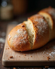 Traditional homemade french baguette bread over wooden board