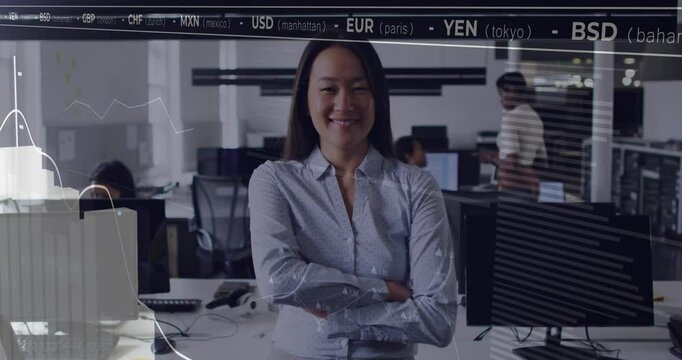 Female finance pro in office shifting and exuding confidence during ticker scroll and rising graph