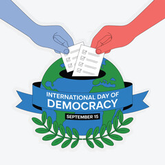 International Day of Democracy Illustration Hands Casting Votes into a Globe-Shaped Ballot Box, Promoting Democratic Values and Civic Participation on September 15th.