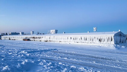 Icy Farm Building Surrounded by Deep Snow and Clear Blue Sky