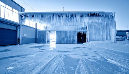 Icy Exterior of Warehouse with Thick Ice and Snow Covering Ground