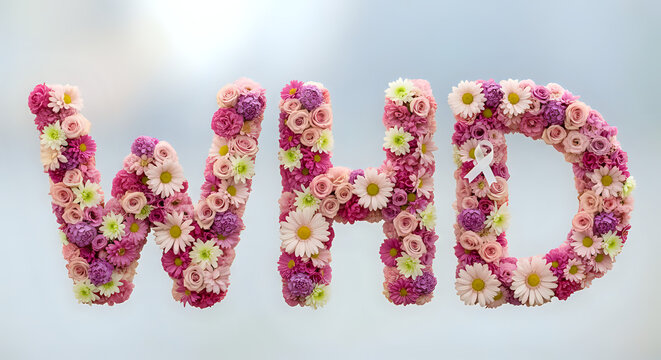 The letters whd are formed from pink and white flowers with a white ribbon on the letter d shape