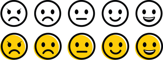 Feedback emoticons emojis icon set. Happy, neutral, sad, emoji, vectors. Customer satisfaction rating scale with good and bad emotions isolated on transparent background.