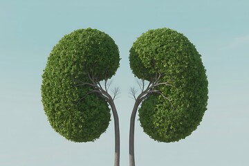 Two lush green kidney shaped trees symbolizing healthy kidneys and organ donation against a clear sky