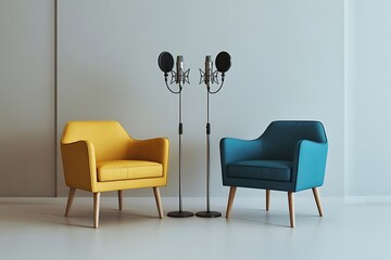 Two comfortable modern armchairs one yellow and one blue positioned facing each other with professional microphones and pop filters set up between them in a minimalist studio setting