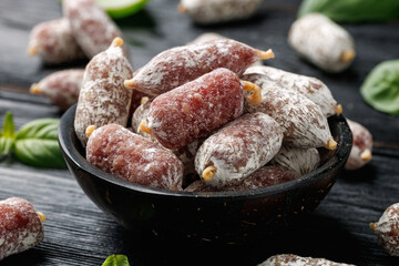 Mini Salami Snacks in bowl. Salami Appetizer Bites. Healthy food