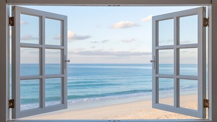 View through an open white framed window onto a serene tropical beach with gentle ocean waves and a soft cloudy sky © Risat Designer