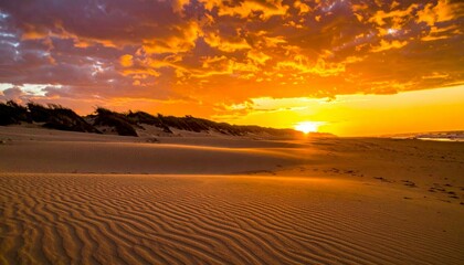 Serene Sunset over Dunes with Vibrant Clouds and Tranquil Beach