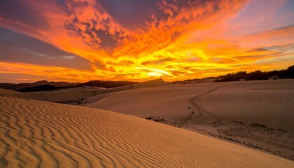 Stunning Sunset Over Golden Sand Dunes in Desert Landscape