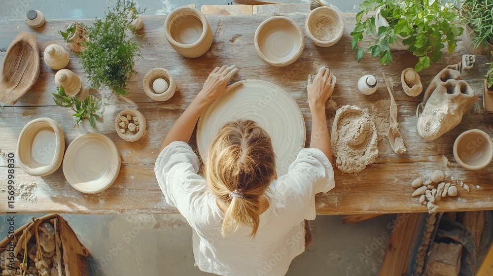 Aufkleber creating pottery at a rustic studio with natural materials and tools in a warm, inviting atmosphere