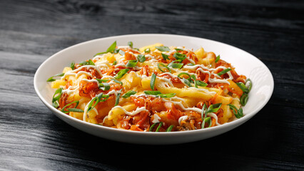 Loaded Kimchi Fries with cheese, mayonnaise and spring onion