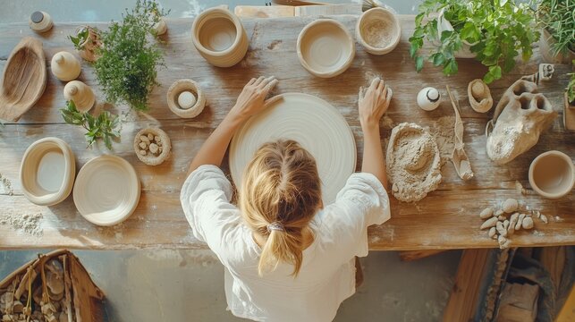 Creating pottery at a rustic studio with natural materials and tools in a warm, inviting atmosphere