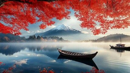 Peaceful lake scene with Mount Fuji and autumn foliage - Powered by Adobe