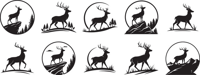 Set of Black and White Deer Silhouettes in Mountain Landscapes