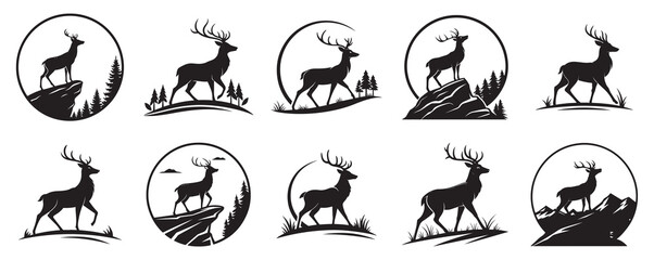 Set of Black and White Deer Silhouettes in Mountain Landscapes