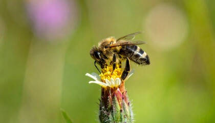 Close-Up of Bee Pollinating Flower in Natural Habitat