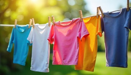 Freshly Laundered Clothes Drying on a Sunny Clothesline, Vibrant Colors and Gentle Breeze, Outdoor Summer Scene
