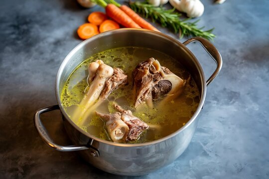 A stainless steel pot filled with golden bone broth and large beef bones simmers on a dark textured surface with carrots garlic and rosemary in the background